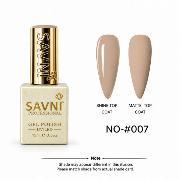 Savni Professional Gel Polish bottle in shade No-007, shown next to two almond-shaped nail swatches demonstrating the glossy shine top coat and matte top coat finishes.