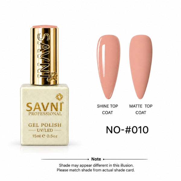 SAVNI Professional Gel Polish bottle in shade NO-#010, shown next to two false nail tips demonstrating the color under Shine Top Coat and Matte Top Coat finishes on a white background.