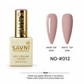 Savni Professional gel nail polish bottle in shade NO-#012, shown alongside two nail tip swatches demonstrating the finish: a glossy shine top coat and a matte top coat. The bottle is cream-colored with a gold cap, and the background is solid white.