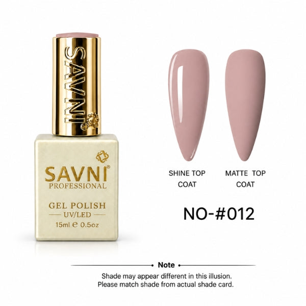 Savni Professional gel nail polish bottle in shade NO-#012, shown alongside two nail tip swatches demonstrating the finish: a glossy shine top coat and a matte top coat. The bottle is cream-colored with a gold cap, and the background is solid white.