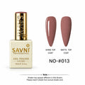 Savni Professional Gel Polish in shade No-013, shown in a square bottle with a gold cap next to two almond-shaped nail swatches displaying the glossy and matte top coat finishes.