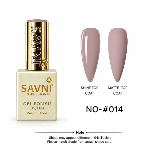 Savni Professional Gel Polish bottle in shade NO-#014, shown next to two artificial nail tips demonstrating the polish finish under shine top coat and matte top coat.