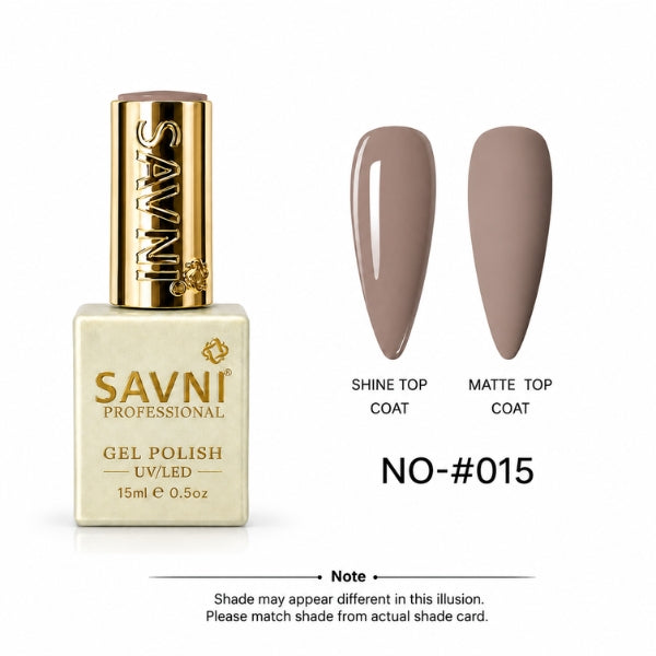 SAVNI Professional Gel Polish bottle in shade NO-015, shown next to two almond-shaped nail swatches demonstrating the 'Shine Top Coat' and 'Matte Top Coat' finishes. The polish color is a muted taupe-brown.