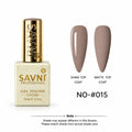 SAVNI Professional Gel Polish bottle in shade NO-015, shown next to two almond-shaped nail swatches demonstrating the 'Shine Top Coat' and 'Matte Top Coat' finishes. The polish color is a muted taupe-brown.
