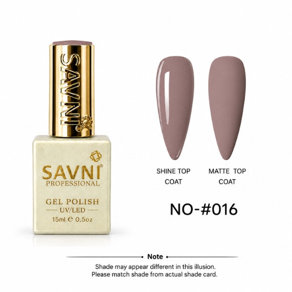 SAVNI Professional Gel Polish bottle in shade NO-016, shown next to two artificial nail tips displaying the polish finish under shine and matte top coats, on a white background.