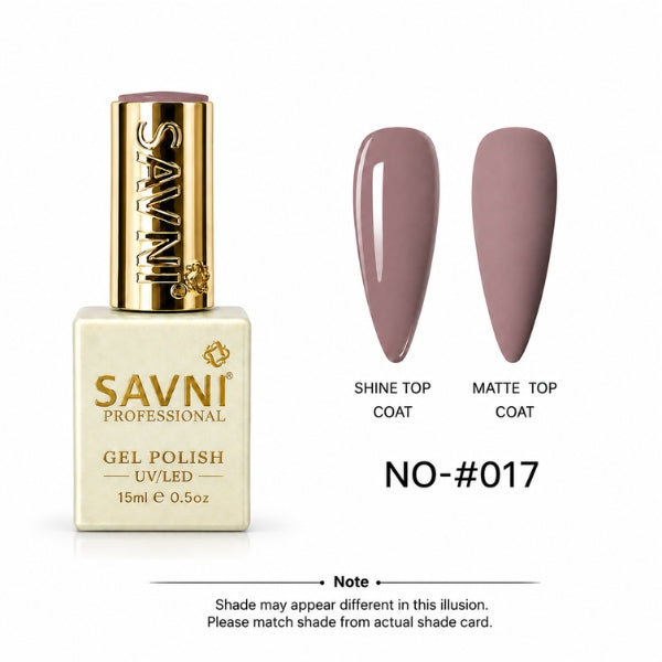 Savni Professional gel nail polish in shade NO-#017, shown in a square bottle with a gold cap next to two almond-shaped nail swatches demonstrating the glossy shine and matte finish.