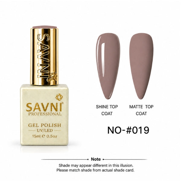 Savni Professional Gel Polish bottle in shade No-019, shown alongside two almond-shaped nail swatches displaying the glossy shine top coat and matte top coat finishes. The polish is a muted taupe-brown color.
