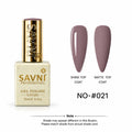 SAVNI Professional Gel Polish bottle in shade NO-#021, shown next to two almond-shaped nail swatches demonstrating the glossy shine top coat and matte top coat finishes.
