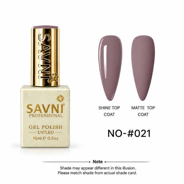 SAVNI Professional Gel Polish bottle in shade NO-#021, shown next to two almond-shaped nail swatches demonstrating the glossy shine top coat and matte top coat finishes.