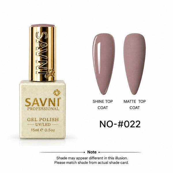 SAVNI Professional Gel Polish bottle in shade NO-022, shown next to two almond-shaped nail swatches demonstrating the glossy shine top coat and matte top coat finishes.
