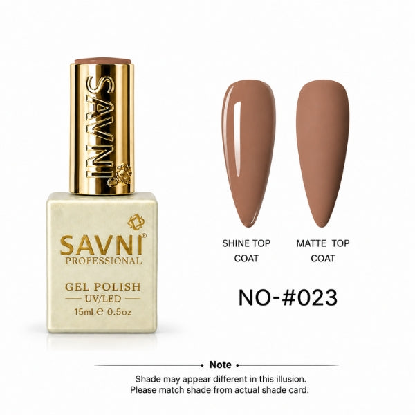 Savni Professional Gel Polish bottle in shade No-023, shown next to two almond-shaped nail swatches displaying the glossy and matte top coat finishes on a white background.
