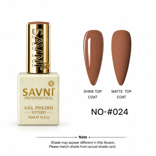 SAVNI Professional Gel Polish bottle in shade NO-#024, shown next to two almond-shaped nail swatches displaying the color under Shine Top Coat and Matte Top Coat finishes.