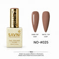 Savni Professional gel nail polish in shade NO-#025, shown in a square bottle with a gold cap next to two almond-shaped nail swatches demonstrating the shine and matte top coat finishes.