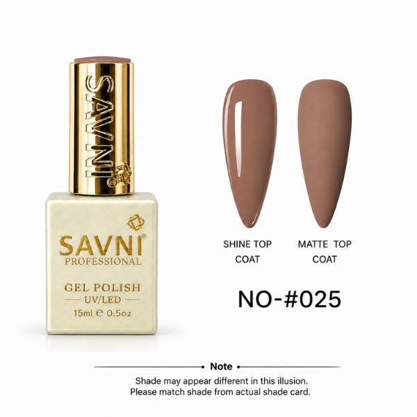 Savni Professional gel nail polish in shade NO-#025, shown in a square bottle with a gold cap next to two almond-shaped nail swatches demonstrating the shine and matte top coat finishes.