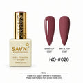 A bottle of SAVNI Professional Gel Polish in shade No-026, shown next to two artificial nail tips displaying the polish finish under shine and matte top coat.