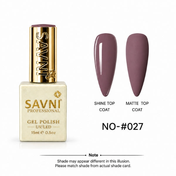 A bottle of SAVNI Professional Gel Polish in shade NO-057, shown next to two almond-shaped nail swatches displaying the polish finish under shine and matte top coats. The bottle is cream-colored with a gold cap, and the swatches are a muted plum purple.