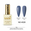 A bottle of SAVNI Professional Gel Polish in shade NO-#028, shown next to two nail color swatches demonstrating the glossy shine top coat and matte top coat finish. The bottle is cream-colored with a gold cap, and the swatches are a muted slate blue-gray.