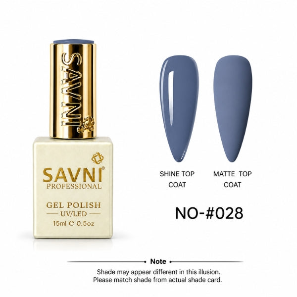 A bottle of SAVNI Professional Gel Polish in shade NO-#028, shown next to two nail color swatches demonstrating the glossy shine top coat and matte top coat finish. The bottle is cream-colored with a gold cap, and the swatches are a muted slate blue-gray.