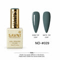 Savni Professional gel nail polish in shade #029, shown in a square bottle with a gold cap next to two almond-shaped nail tips displaying the glossy and matte top coat finishes.