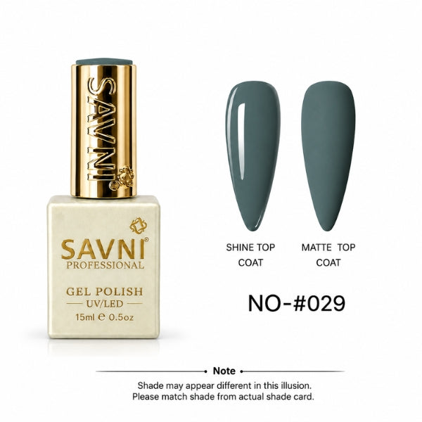 Savni Professional gel nail polish in shade #029, shown in a square bottle with a gold cap next to two almond-shaped nail tips displaying the glossy and matte top coat finishes.