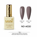 Savni Professional gel nail polish bottle in shade NO-#030, shown alongside two artificial nail tips demonstrating the Shine Top Coat and Matte Top Coat finishes. The polish color is a muted, dusty taupe-brown.