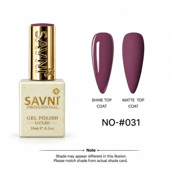 A bottle of SAVNI Professional Gel Polish in shade No-#031, shown next to two artificial nail tips displaying the polish finish under 'Shine Top Coat' and 'Matte Top Coat'.