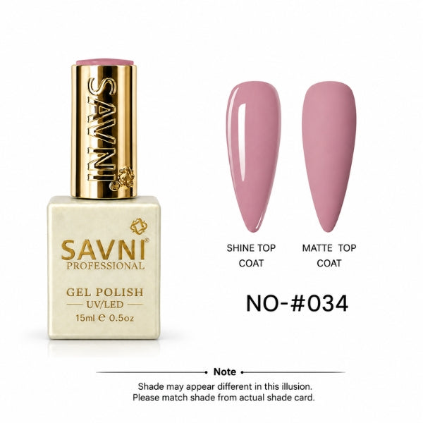 Savni Professional Gel Polish bottle in shade NO-#034, shown next to two artificial nail tips displaying the pink polish under both shine and matte top coat finishes.