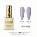A bottle of SAVNI Professional Gel Polish in shade NO-#035, shown next to two artificial nail tips displaying the polish finish under Shine Top Coat and Matte Top Coat.
