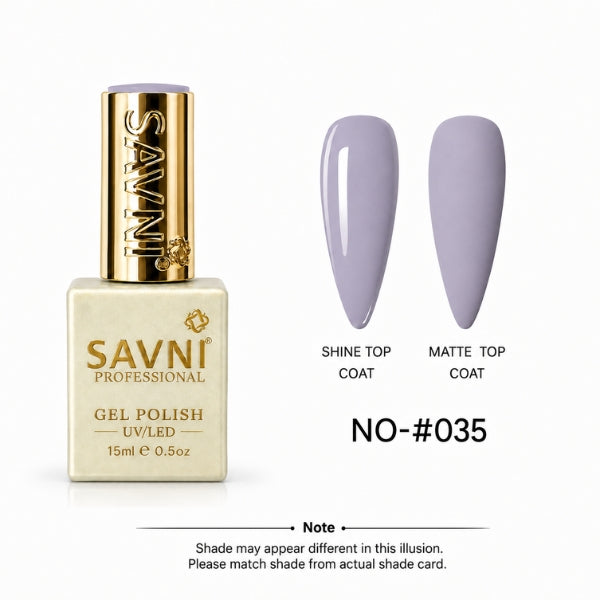 A bottle of SAVNI Professional Gel Polish in shade NO-#035, shown next to two artificial nail tips displaying the polish finish under Shine Top Coat and Matte Top Coat.