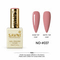 Savni Professional gel nail polish in shade No-#037, shown in a square bottle with a gold cap next to two almond-shaped swatches displaying the pink polish under shine and matte top coats.
