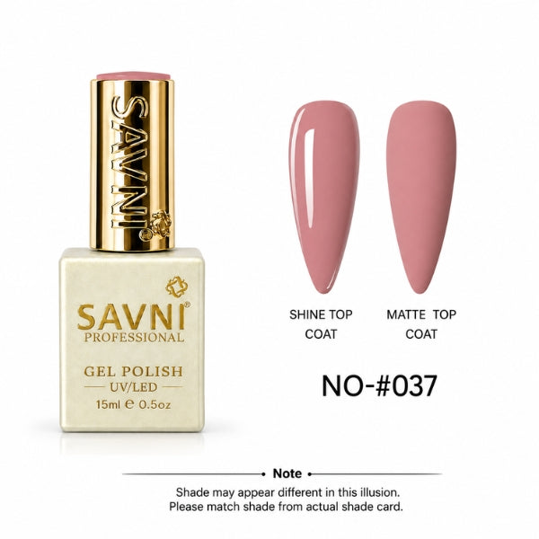 Savni Professional gel nail polish in shade No-#037, shown in a square bottle with a gold cap next to two almond-shaped swatches displaying the pink polish under shine and matte top coats.