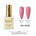 SAVNI Professional gel nail polish in shade NO-038, shown in a square bottle with a gold cap next to two almond-shaped nail swatches displaying the glossy and matte top coat finishes.