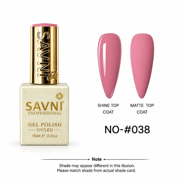 SAVNI Professional gel nail polish in shade NO-038, shown in a square bottle with a gold cap next to two almond-shaped nail swatches displaying the glossy and matte top coat finishes.