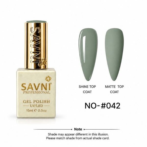 SAVNI Professional Gel Polish bottle in shade NO-#042, shown next to two almond-shaped nail swatches displaying the sage green color under both Shine Top Coat and Matte Top Coat finishes.