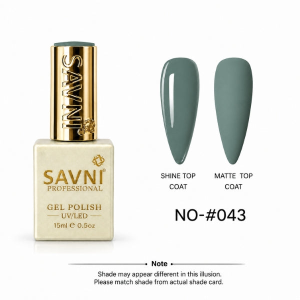Savni Professional gel nail polish bottle in shade NO-#043, shown alongside two almond-shaped nail swatches displaying the glossy and matte top coat finishes. The bottle is cream-colored with a metallic gold cap, and the background is solid white.