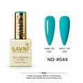 SAVNI Professional Gel Polish bottle in shade NO-044, shown next to two almond-shaped nail swatches displaying the turquoise color under both shine and matte top coat finishes.