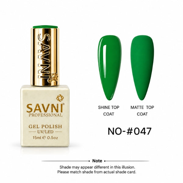 Savni Professional Gel Polish bottle in shade #047, shown next to two green artificial nail tips demonstrating the Shine Top Coat and Matte Top Coat finishes.