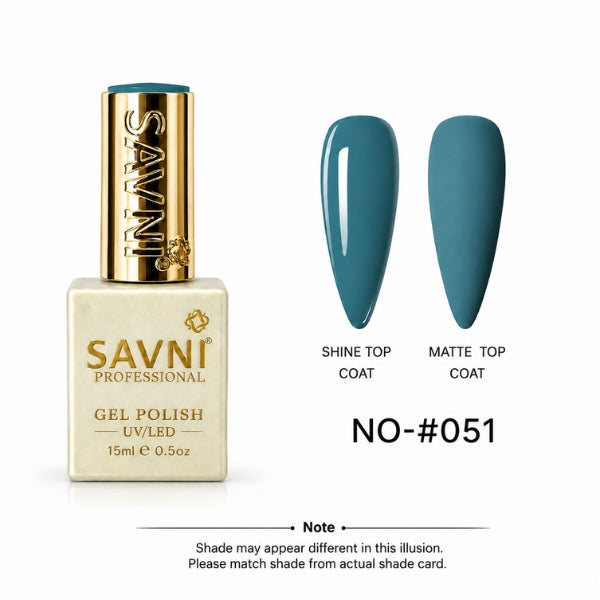 SAVNI Professional Gel Polish in shade NO-#051, featuring a square bottle with a gold cap and two almond-shaped nail swatches showing the teal-blue color under Shine Top Coat and Matte Top Coat.