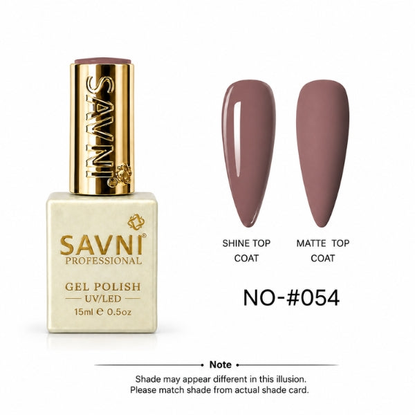 SAVNI Professional Gel Polish bottle in shade NO-#054, shown next to two almond-shaped nail swatches displaying the polish finish under shine and matte top coats on a white background.