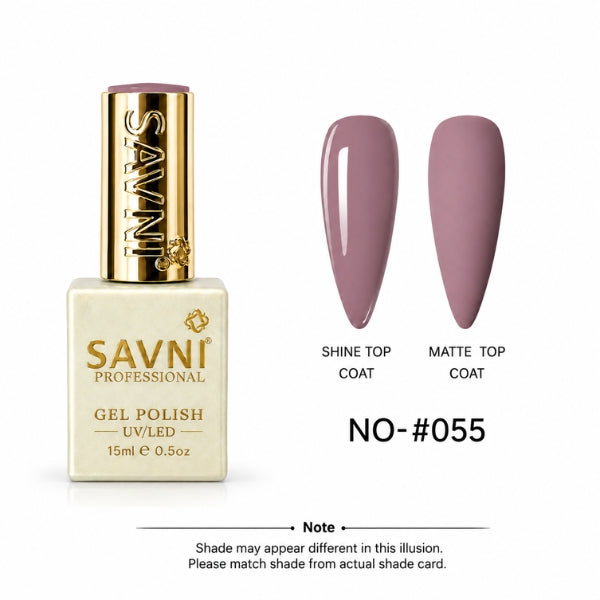 SAVNI Professional Gel Polish bottle in shade NO-055, shown next to two artificial nail tips demonstrating the polish finish under shine and matte top coat.
