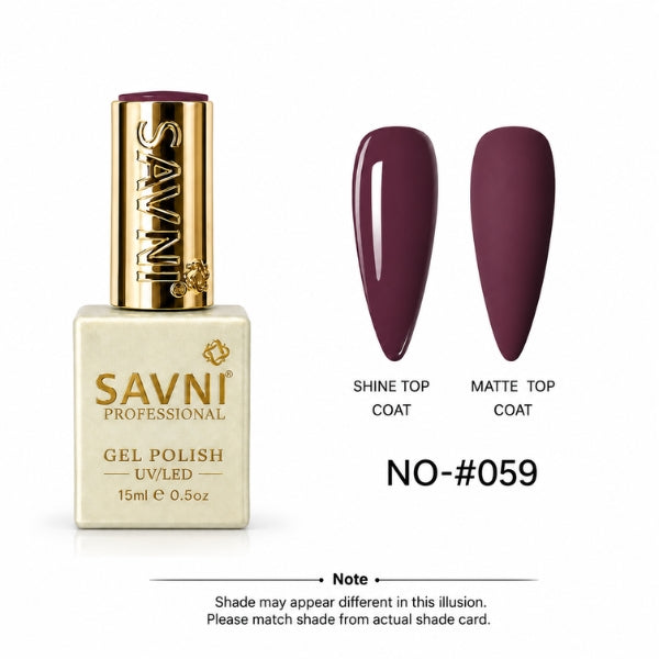 Savni Professional gel nail polish in shade #059, shown in a square bottle with a gold cap next to two almond-shaped swatches displaying the deep plum purple polish under shine and matte finishes.