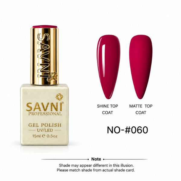 Savni Professional Gel Polish bottle in shade NO-#060, shown next to two artificial nail tips displaying the color under Shine Top Coat and Matte Top Coat finishes on a white background.