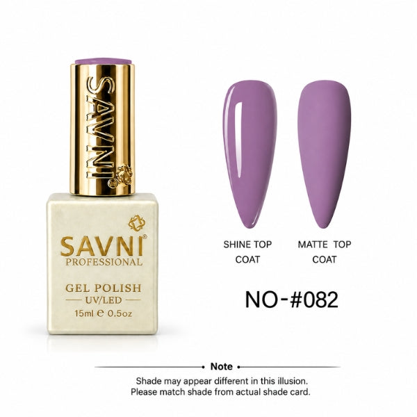 Savni Professional gel nail polish in shade #082, shown in a square bottle with a gold cap next to two almond-shaped nail tips displaying the glossy and matte top coat finishes.