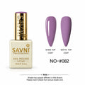 Savni Professional gel nail polish in shade #082, shown in a square bottle with a gold cap next to two almond-shaped nail tips displaying the glossy and matte top coat finishes.