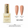 SAVNI Professional Gel Polish bottle in shade NO-#091, shown next to two almond-shaped nail swatches displaying the glossy shine top coat and matte top coat finishes.