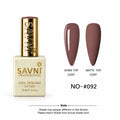 Savni Professional Gel Polish bottle in shade NO-#092, shown next to two almond-shaped nail color swatches demonstrating the Shine Top Coat and Matte Top Coat finishes. The bottle is cream-colored with a shiny gold cap, and the swatches are a muted dusty rose-brown.