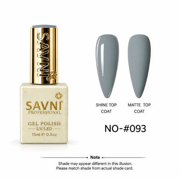 SAVNI Professional Gel Polish bottle in shade NO-#093, shown next to two almond-shaped nail swatches displaying the gray polish under shine top coat and matte top coat finishes.