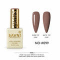 SAVNI Professional Gel Polish bottle in shade NO-#054, shown next to two almond-shaped nail swatches displaying the polish finish under shine and matte top coats on a white background.