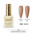 SAVNI Professional Gel Polish bottle in shade #101, shown next to two artificial nail tips demonstrating the Shine Top Coat and Matte Top Coat finishes.