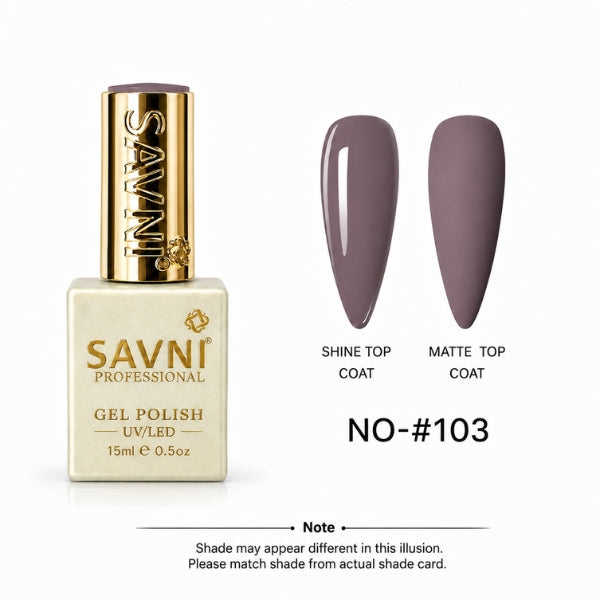 Savni Professional Gel Polish bottle in shade NO-#103, shown next to two almond-shaped nail swatches displaying the glossy and matte top coat finishes.